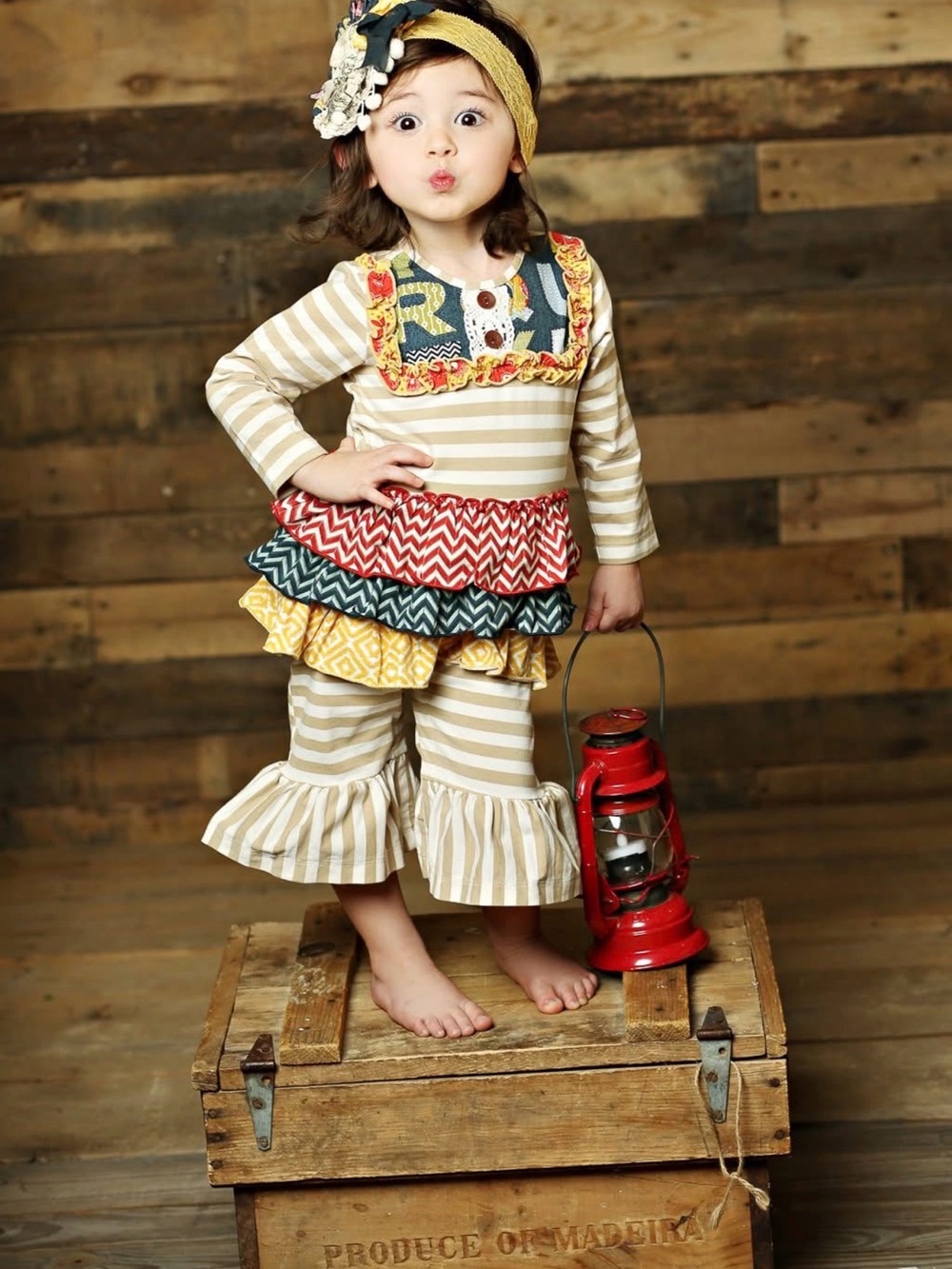 Mustard Pie Beige Striped Ruffled One-Piece with Yellow, Red, and Teal Accents
